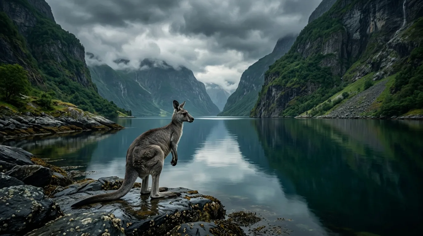 A grey kangaroo standing on dark rocks at the edge of a Norwegian fjord under dramatic clouds